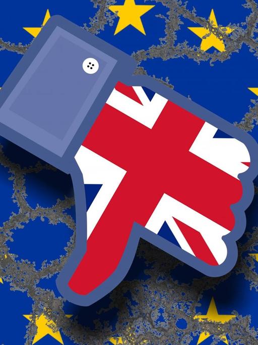 Symbolbild zum Brexit: Eine erodierende Flagge der Europäischen Union mit einem Facebook-Dislike in der Mitte