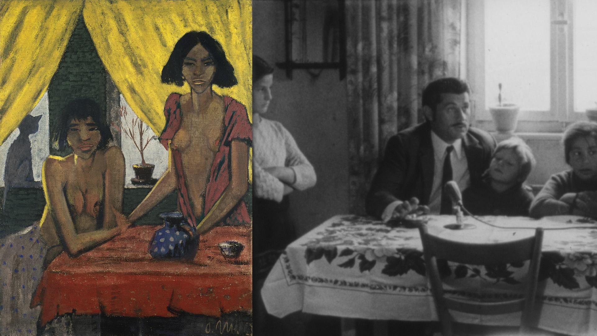 Montage: Malerei von Otto Mueller, Zwei Zigeunerinnen mit Katze,1926/27 und Foto, Zigeuner sein, BRD 1970