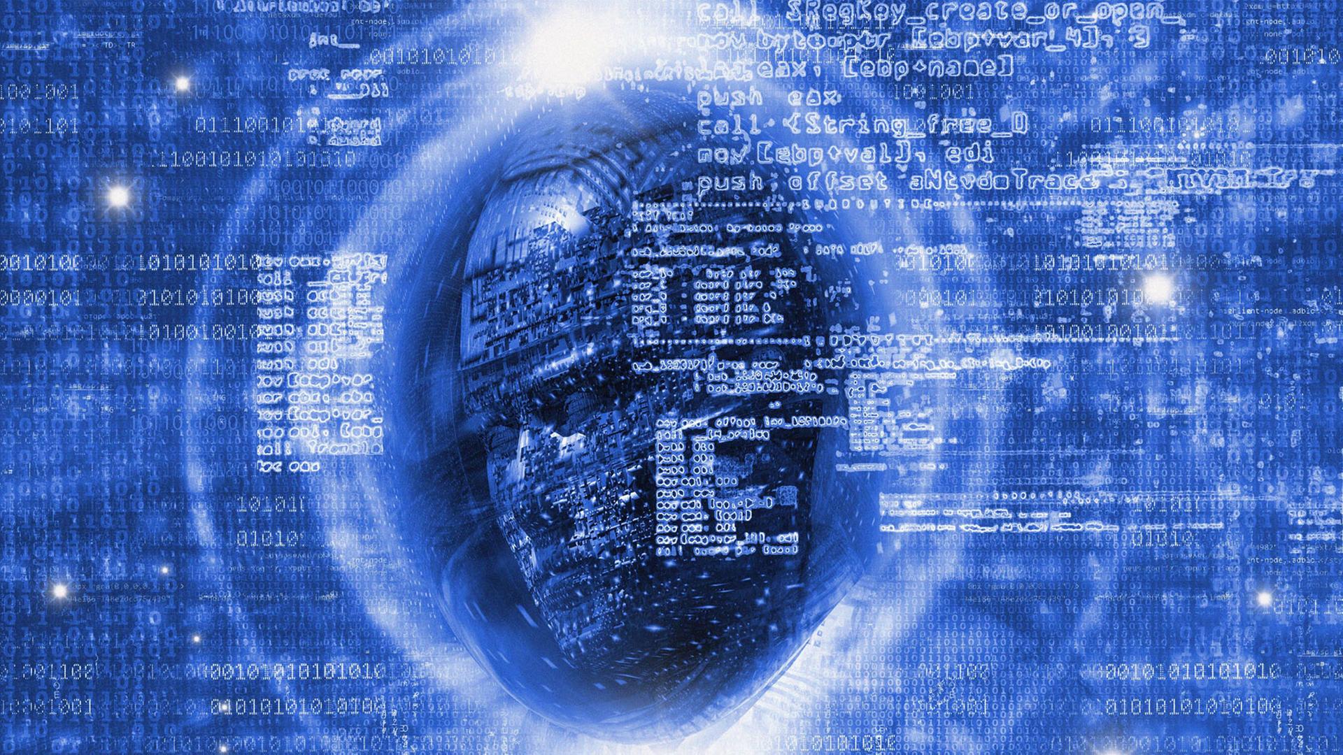 Abstrakte Illustration zum Thema Technologie: rund um einen stilisierten menschlichen Kopf sind vor blauem Hintergrund Zahlen und andere Zeichen zu sehen. Abstrakte Illustration zum Thema Technologie: rund um einen stilisierten menschlichen Kopf sind vor blauem Hintergrund Zahlen und andere Zeichen zu sehen.