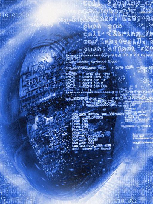 Abstrakte Illustration zum Thema Technologie: rund um einen stilisierten menschlichen Kopf sind vor blauem Hintergrund Zahlen und andere Zeichen zu sehen.