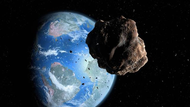 Asteroid approaching Earth, illustration Illustration of an asteroid approaching Earth during the Cretaceous period, poised to exterminate the dinosaurs. Near-Earth asteroids are a constant threat to our planet