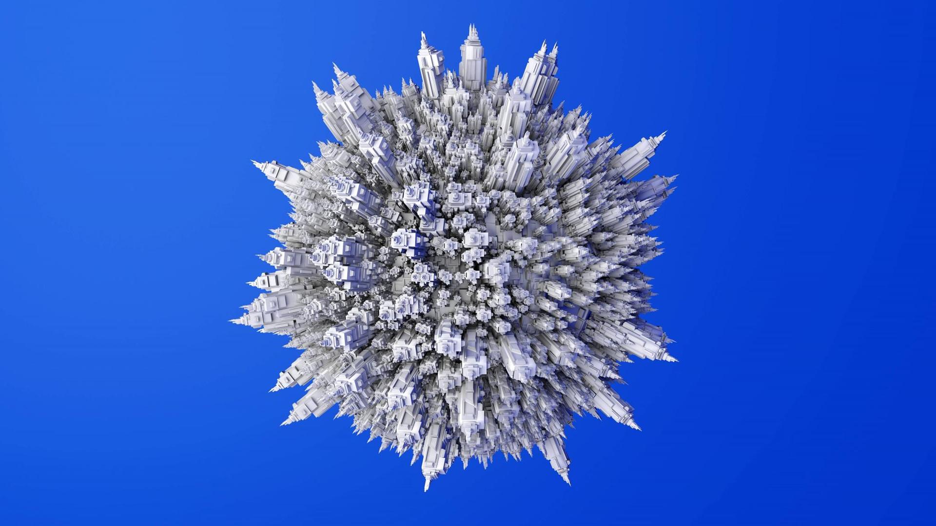 In einer Illustration wird die Form einer Weltkugel auf blauem Hintergund gezeigt, vollgepackt mit Gebäuden - sie ähnelt so der Form des CoVid19-Virus. In einer Illustration wird die Form einer Weltkugel auf blauem Hintergund gezeigt, vollgepackt mit Gebäuden - sie ähnelt so der Form des CoVid19-Virus.