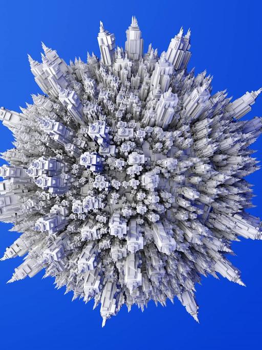 In einer Illustration wird die Form einer Weltkugel auf blauem Hintergund gezeigt, vollgepackt mit Gebäuden - sie ähnelt so der Form des CoVid19-Virus.