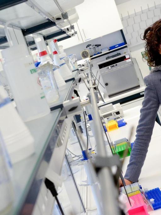 Die Forscherin Emmanuelle Charpentier steht am 19.05.2015 in einem Labor im Helmholtz-Zentrum für Infektionsforschung in Braunschweig (Niedersachsen).