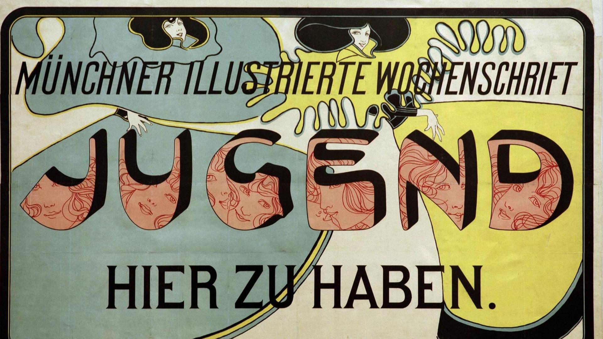 Ein farbiges Plakat mit einer Druckgrafik des Künstlers osef Rudolf Witzel wirbt mit den Worten“Münchner illustrierte Wochenschrift 'Jugend' hier zu haben"