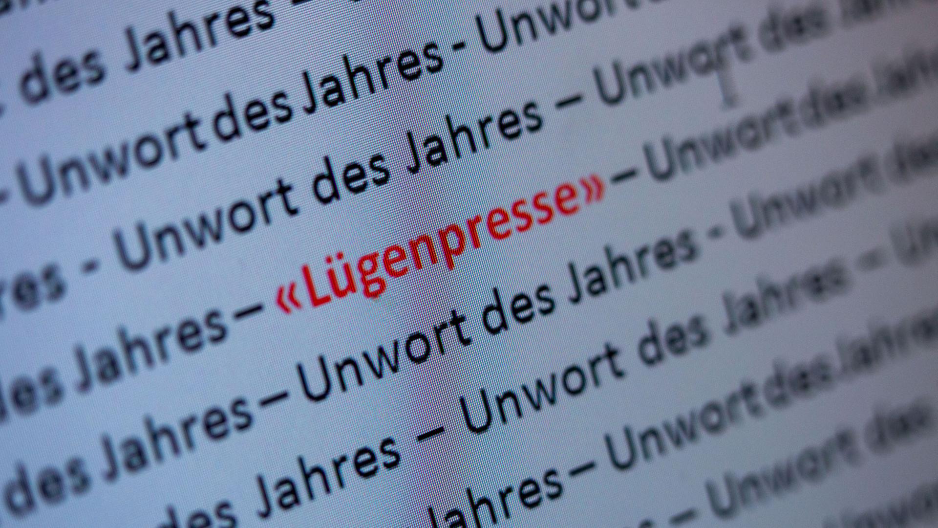 Auf einem Computermonitor in Schwerin (Mecklenburg-Vorpommern) ist am 13.01.2015 das «Unwort des Jahres 2014» «Lügenpresse» zu sehen. Foto: Jens Büttner/dpa (zu dpa "«Lügenpresse» zum «Unwort des Jahres 2014» gewählt" am 13.01.2015) Auf einem Computermonitor in Schwerin (Mecklenburg-Vorpommern) ist am 13.01.2015 das «Unwort des Jahres 2014» «Lügenpresse» zu sehen. Foto: Jens Büttner/dpa (zu dpa "«Lügenpresse» zum «Unwort des Jahres 2014» gewählt" am 13.01.2015)