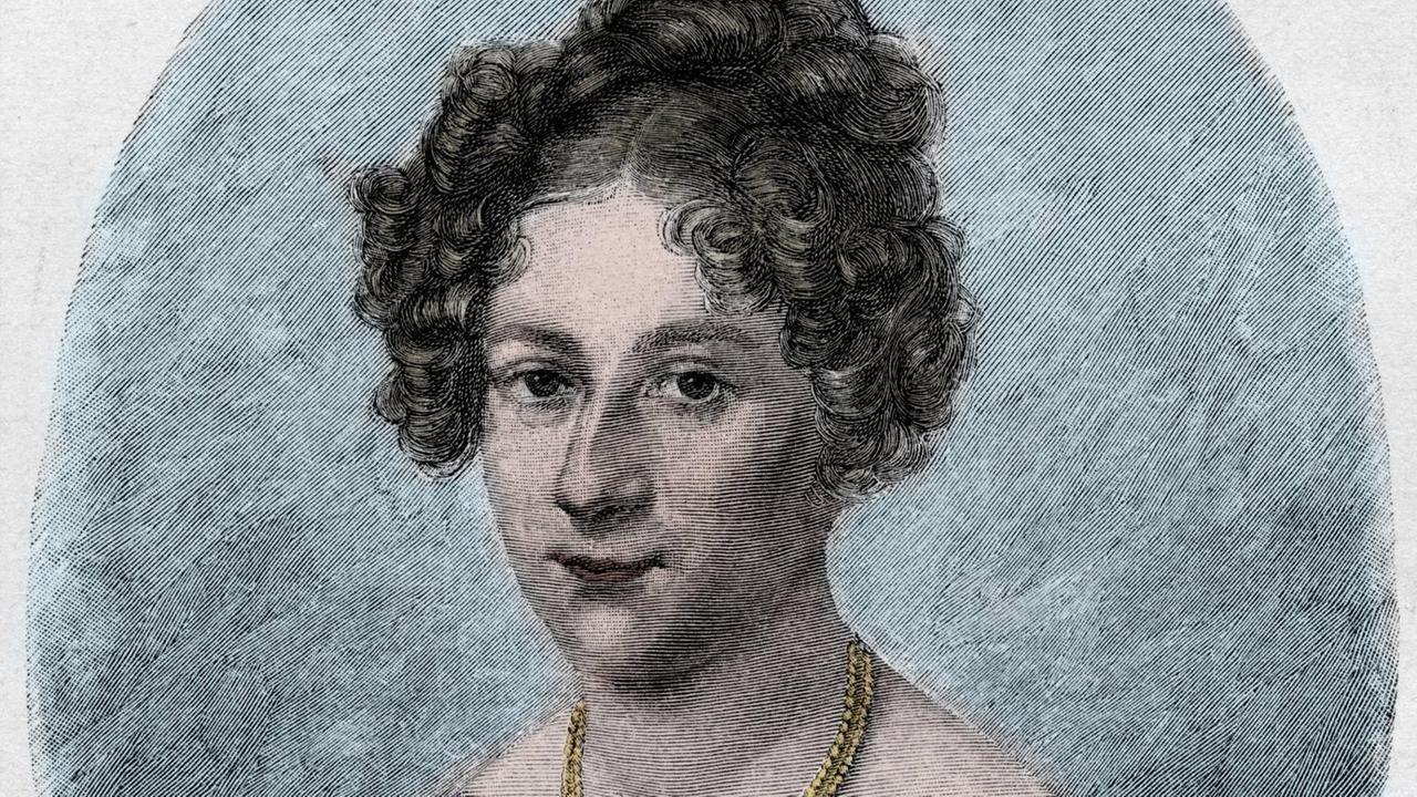 Nachkolorierte Zeichnung einer jungen Frau mit hochgesteckten Haaren und Ponny-Locken und einer schlichten Kette auf dem Dekolleté. Nachkolorierte Zeichnung einer jungen Frau mit hochgesteckten Haaren und Ponny-Locken und einer schlichten Kette auf dem Dekolleté.