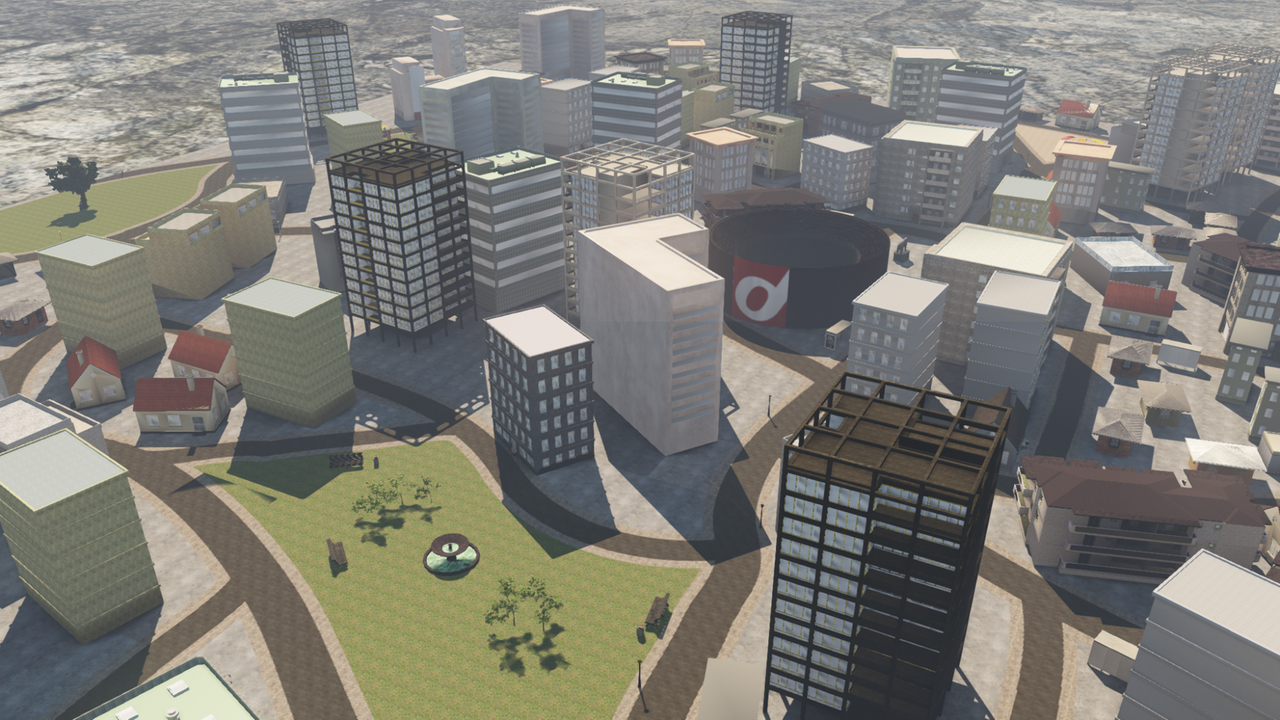 Computergrafik: Blick auf die virtuelle Stadt aus dem Experiment von Jacob Bellmund mit einer zentralen Grünfläche, Wegen und verschiedensten Gebäuden 