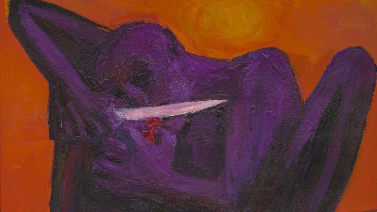 Ausschnitt aus dem Gemälde "Zungenabschneider" von Trak Wendisch (1988, Mischtechnik auf Leinwand, 130x130cm,Privatbesitz) - zu sehen in der Ausstellung Point of No Return" in Leipzig. Ausschnitt aus dem Gemälde "Zungenabschneider" von Trak Wendisch (1988, Mischtechnik auf Leinwand, 130x130cm,Privatbesitz) - zu sehen in der Ausstellung Point of No Return" in Leipzig.