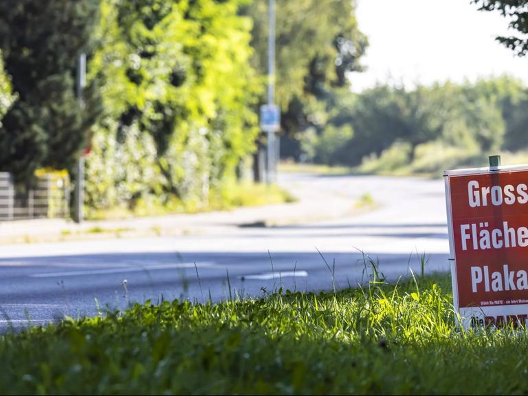 Am Straßenrand steht ein Plakat der Partei „Die Partei“ mit der Aufschrift „Grossflächenplakat“