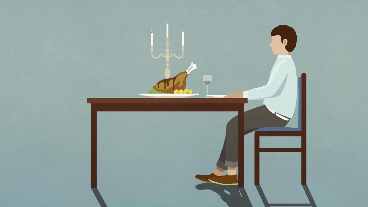 Eine Illustration zeigt einen Mann, der alleine an einem gedeckten Tisch bei Kerzenschein und einem Glas Wein sitzt. 