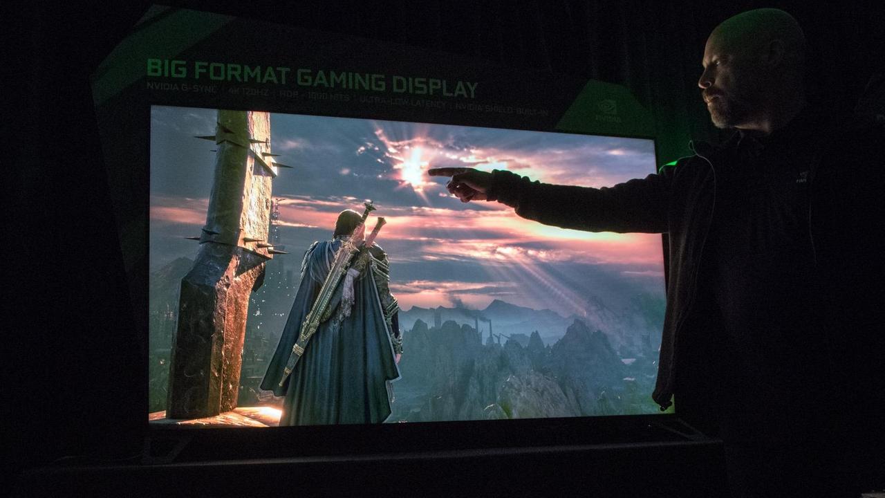 Das Nvidia Big Format Gaming Display hängt am 08.01.2018 auf der Consumer Electronics Show (CES) in Las Vegas (USA) bei einer Präsentation von Nvidia über einem Schrank. Das Nvidia Big Format Gaming Display hängt am 08.01.2018 auf der Consumer Electronics Show (CES) in Las Vegas (USA) bei einer Präsentation von Nvidia über einem Schrank.