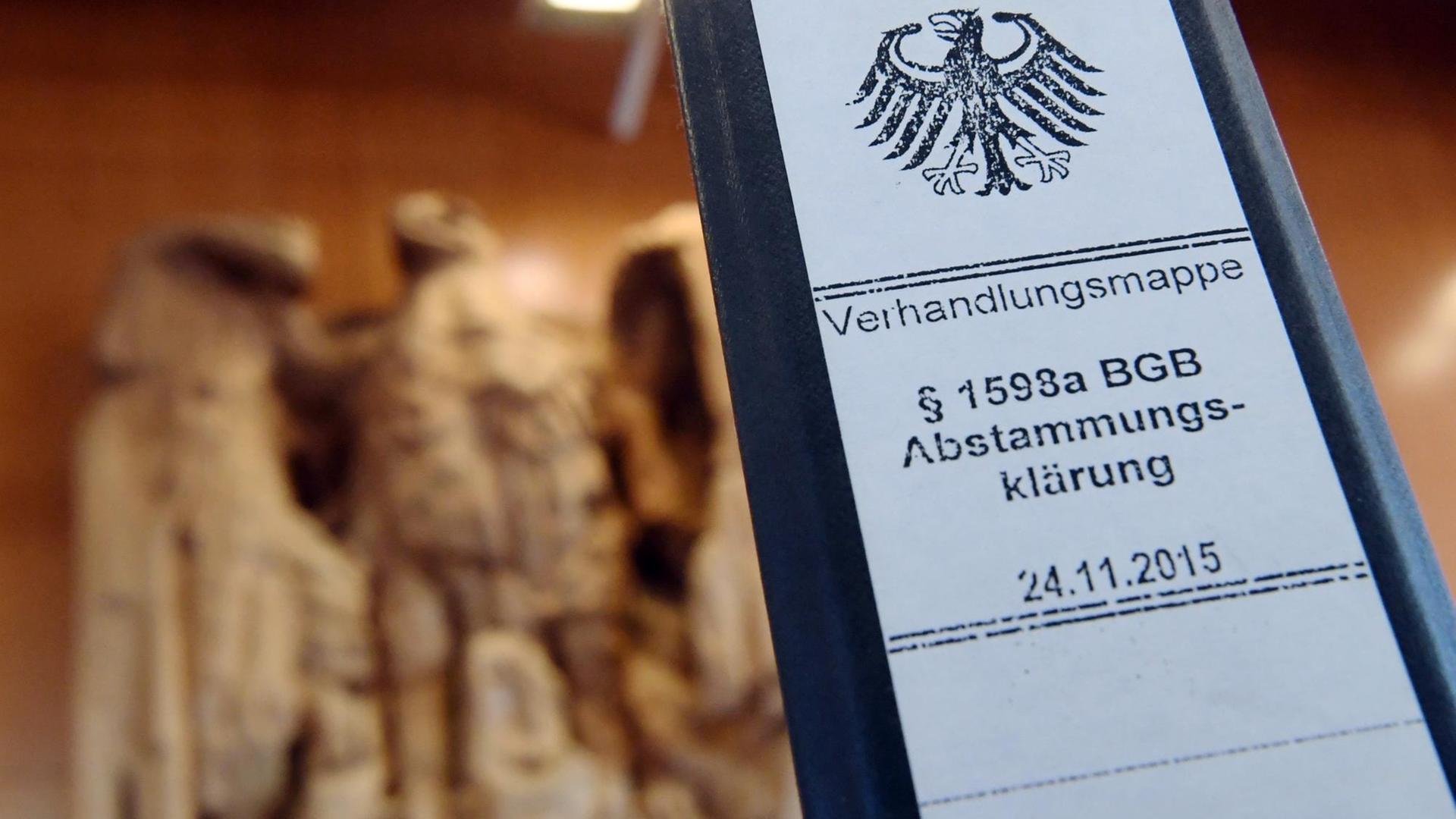 Ein Aktenordner mit der Aufschrift "Verhandlungsmappe §1598a BGB Abstammungserklärung" steht im Bundesverfassungsgericht in Karlsruhe.