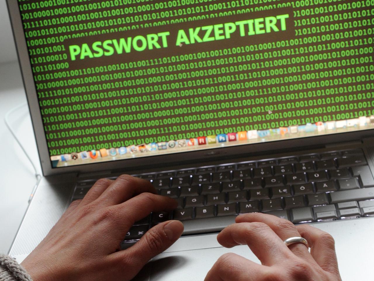Ein Mensch vor einem Laptop, an dessen Monitor der Schriftzug "Passwort akzeptiert" zu lesen ist. Ein Mensch vor einem Laptop, an dessen Monitor der Schriftzug "Passwort akzeptiert" zu lesen ist.