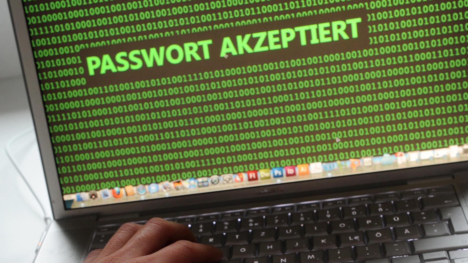 Ein Mensch vor einem Laptop, an dessen Monitor der Schriftzug "Passwort akzeptiert" zu lesen ist. Ein Mensch vor einem Laptop, an dessen Monitor der Schriftzug "Passwort akzeptiert" zu lesen ist.