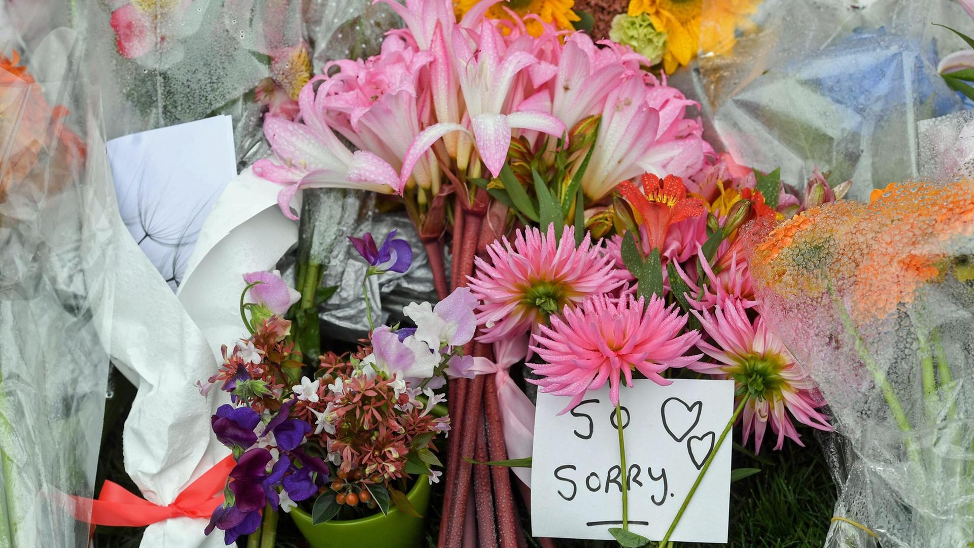 Zwischen Blumen liegt am 17.3.2019 in Christchurch ein Zettel auf dem "So Sorry" steht. Zwischen Blumen liegt am 17.3.2019 in Christchurch ein Zettel auf dem "So Sorry" steht.