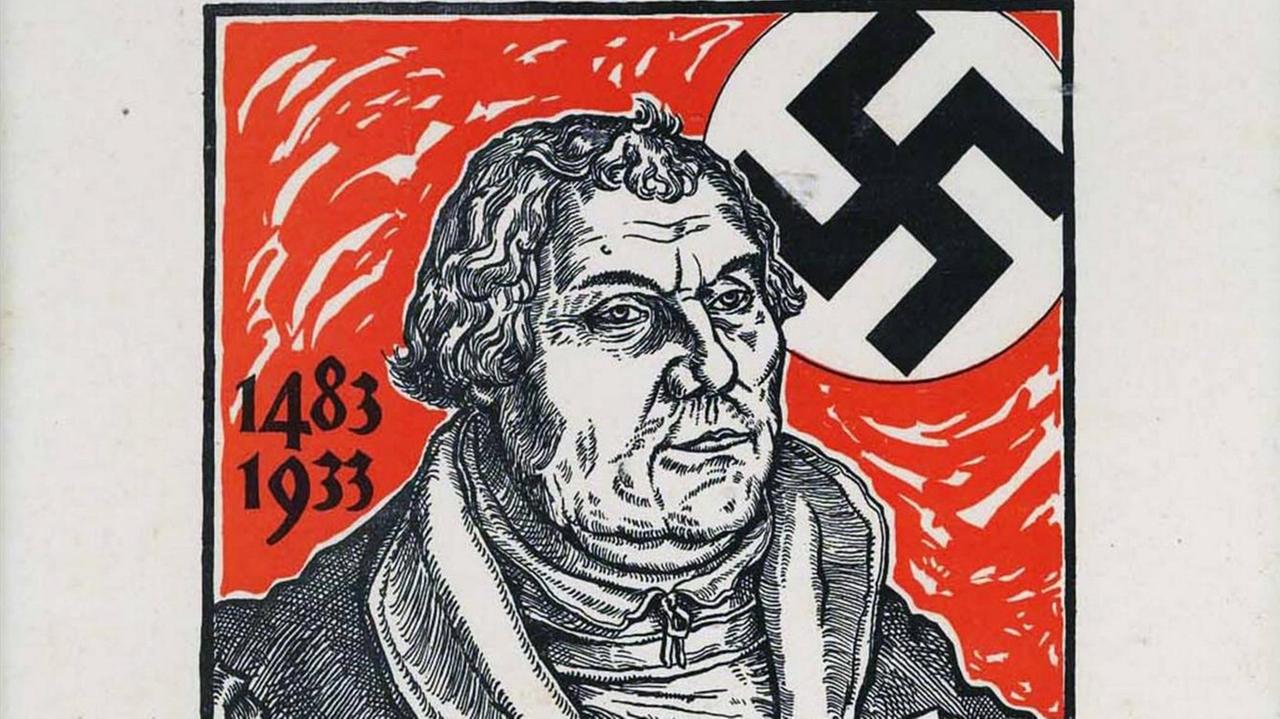 Ein Plakat zu Martin Luthers 450. Geburtstag - herausgegeben 1933 von der NSDAP. Unter dem Bild Luthers ist zu lesen: "Hitlers Kampf und Luthers Lehr / Des deutschen Volkes gute Wehr"