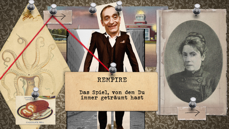 Ein Blick auf die Oberfläche des Games "Rempire" mit Portraitfotos, Reißzwecken und Textkarten Ein Blick auf die Oberfläche des Games "Rempire" mit Portraitfotos, Reißzwecken und Textkarten
