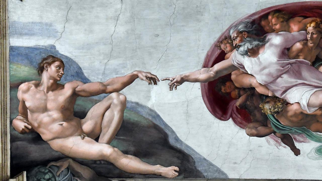 Das Deckenfresko "Die Erschaffung Adams" von Michelangelo Buonarroti in der sixtinischen Kapelle in Rom Das Deckenfresko "Die Erschaffung Adams" von Michelangelo Buonarroti in der sixtinischen Kapelle in Rom