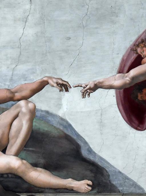 Das Deckenfresko "Die Erschaffung Adams" von Michelangelo Buonarroti in der sixtinischen Kapelle in Rom