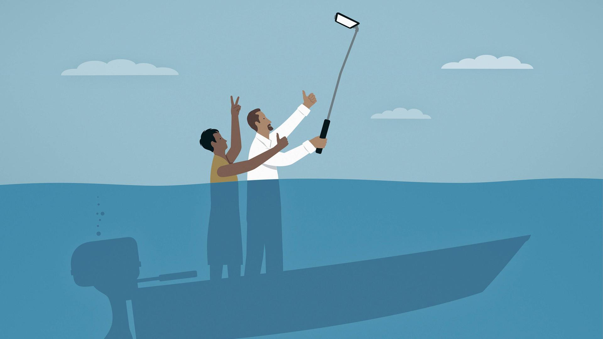 Ein Paar macht ein Selfie während ihr Boot untergeht. Ein Paar macht ein Selfie während ihr Boot untergeht.