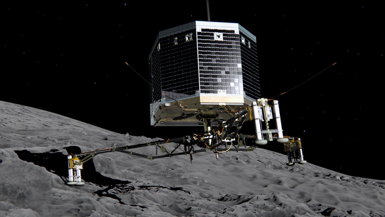 Screenshot aus einem Video zeigt die simulierte Landung des Minilabors "Philae" auf dem Zielkometen Tschurjumow-Gerassimenko. Screenshot aus einem Video zeigt die simulierte Landung des Minilabors "Philae" auf dem Zielkometen Tschurjumow-Gerassimenko.