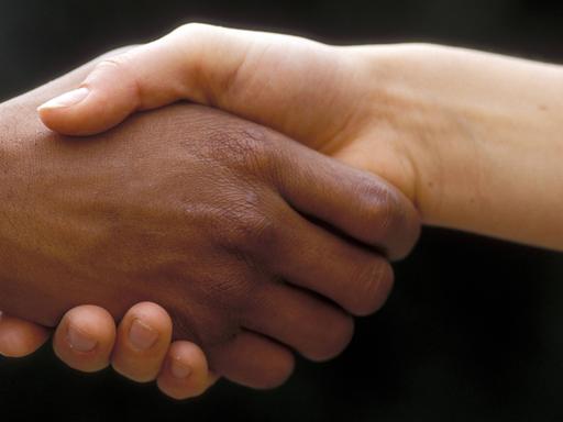 Menschen unterschiedlicher Hautfarbe geben sich die Hand.