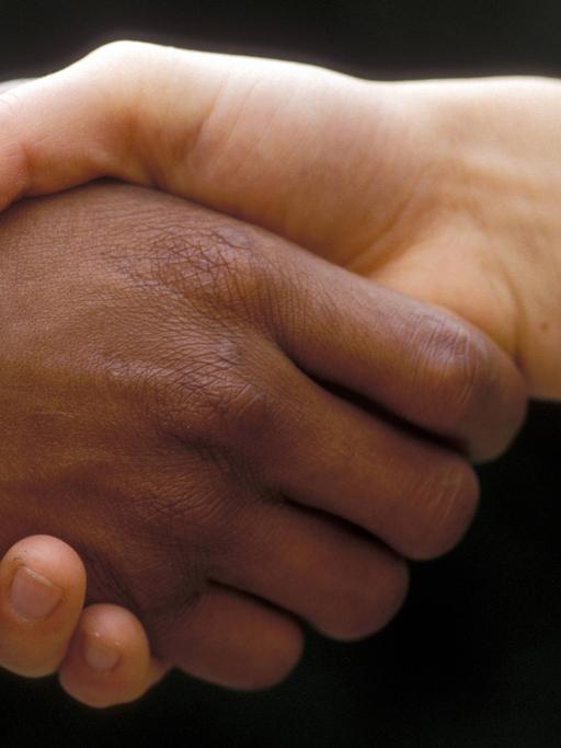 Menschen unterschiedlicher Hautfarbe geben sich die Hand.