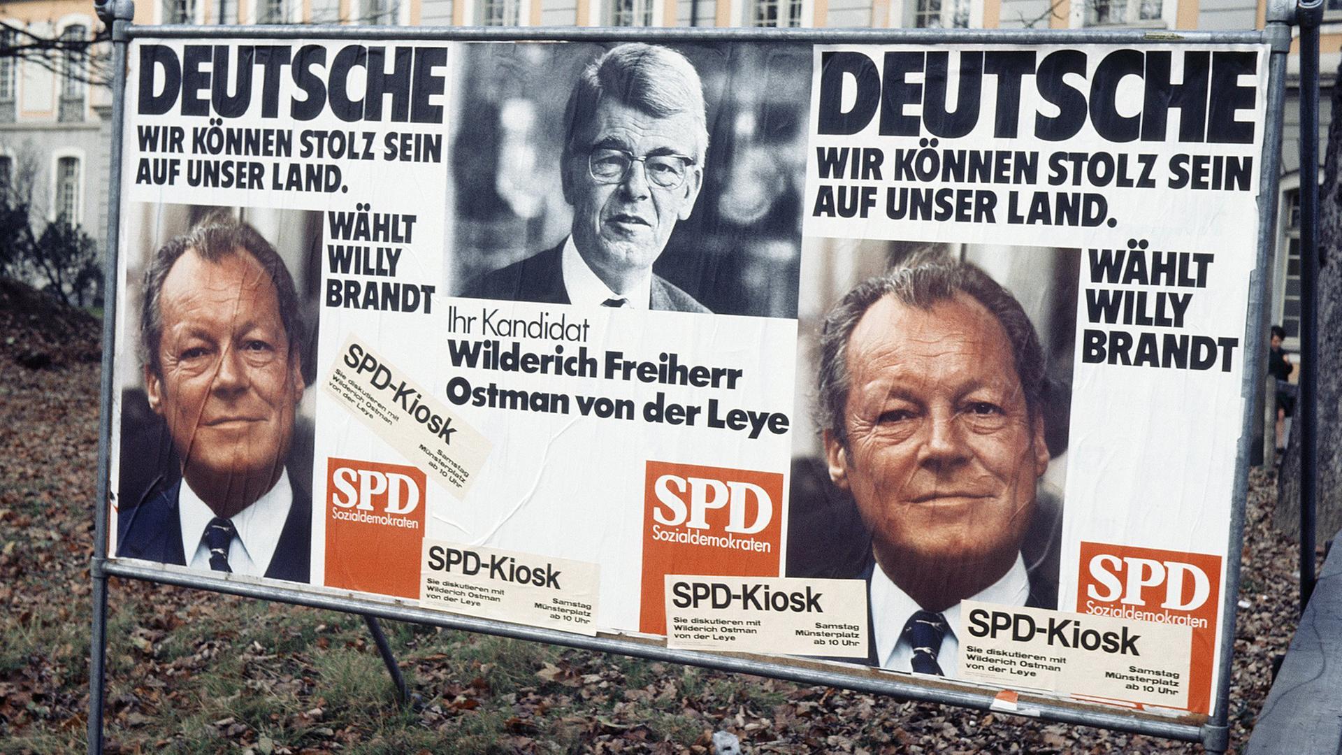 Die SPD wirbt mit einem Foto von Willy Brandt und der Aussage "Deutsche wir können stolz sein auf unser Land" und "Wählt Willy Brandt" vor den Bundestagswahlen 1972 für Stimmen. Die SPD wirbt mit einem Foto von Willy Brandt und der Aussage "Deutsche wir können stolz sein auf unser Land" und "Wählt Willy Brandt" vor den Bundestagswahlen 1972 für Stimmen.