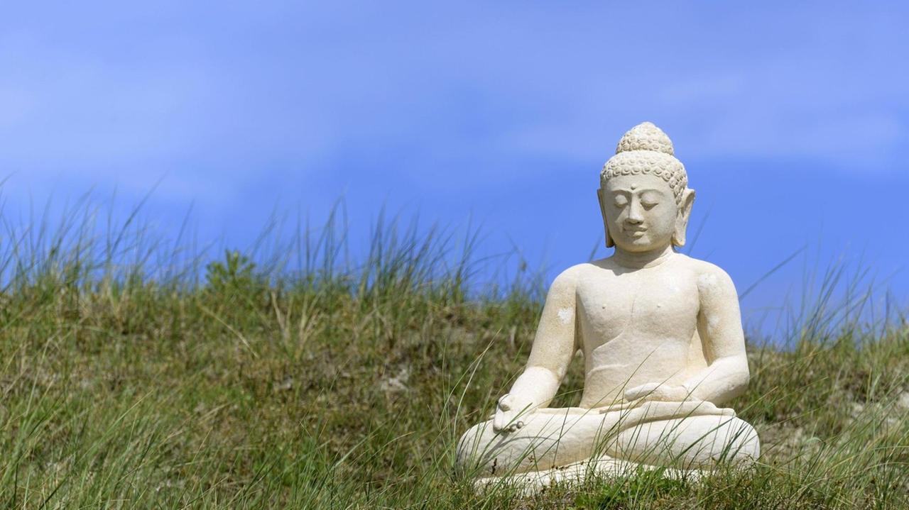 Eine Buddha-Skulptur im Gras.