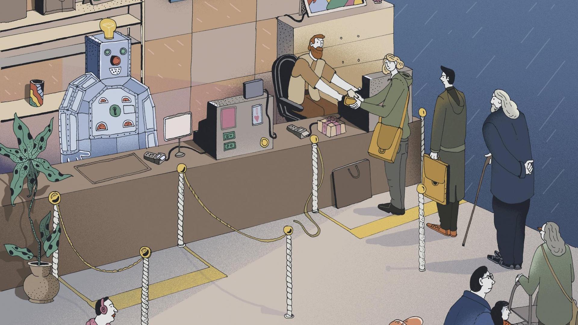 Illustration von einem Schalter, an dem alle Menschen in der Schlange für den menschlichen Mitarbeiter stehen und niemand zu dem Roboter-Mitarbeiter gehen will. Illustration von einem Schalter, an dem alle Menschen in der Schlange für den menschlichen Mitarbeiter stehen und niemand zu dem Roboter-Mitarbeiter gehen will.