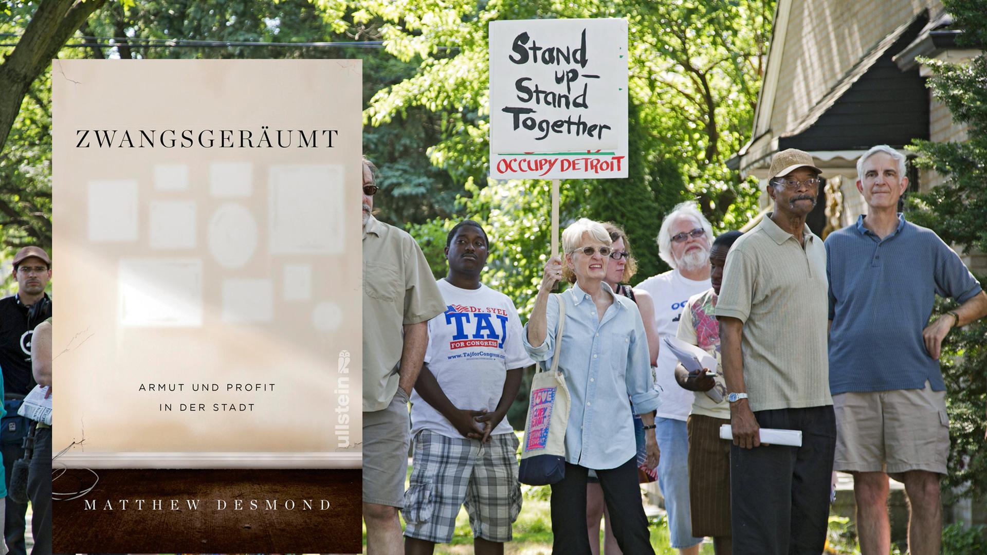 Collage aus dem Buchcover von Matthew Desmonds "Zwangsgeräumt" und einem Anwohnerprotest bei einer Zwangsräumung in Detroit