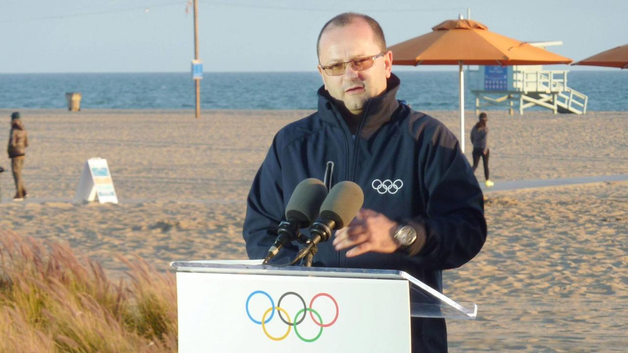 Der Chef der IOC-Evaluierungskommission, Patrick Baumann, beim Besuch in der Bewerberstadt für die Olympischen Spiele 2024, Los Angeles.