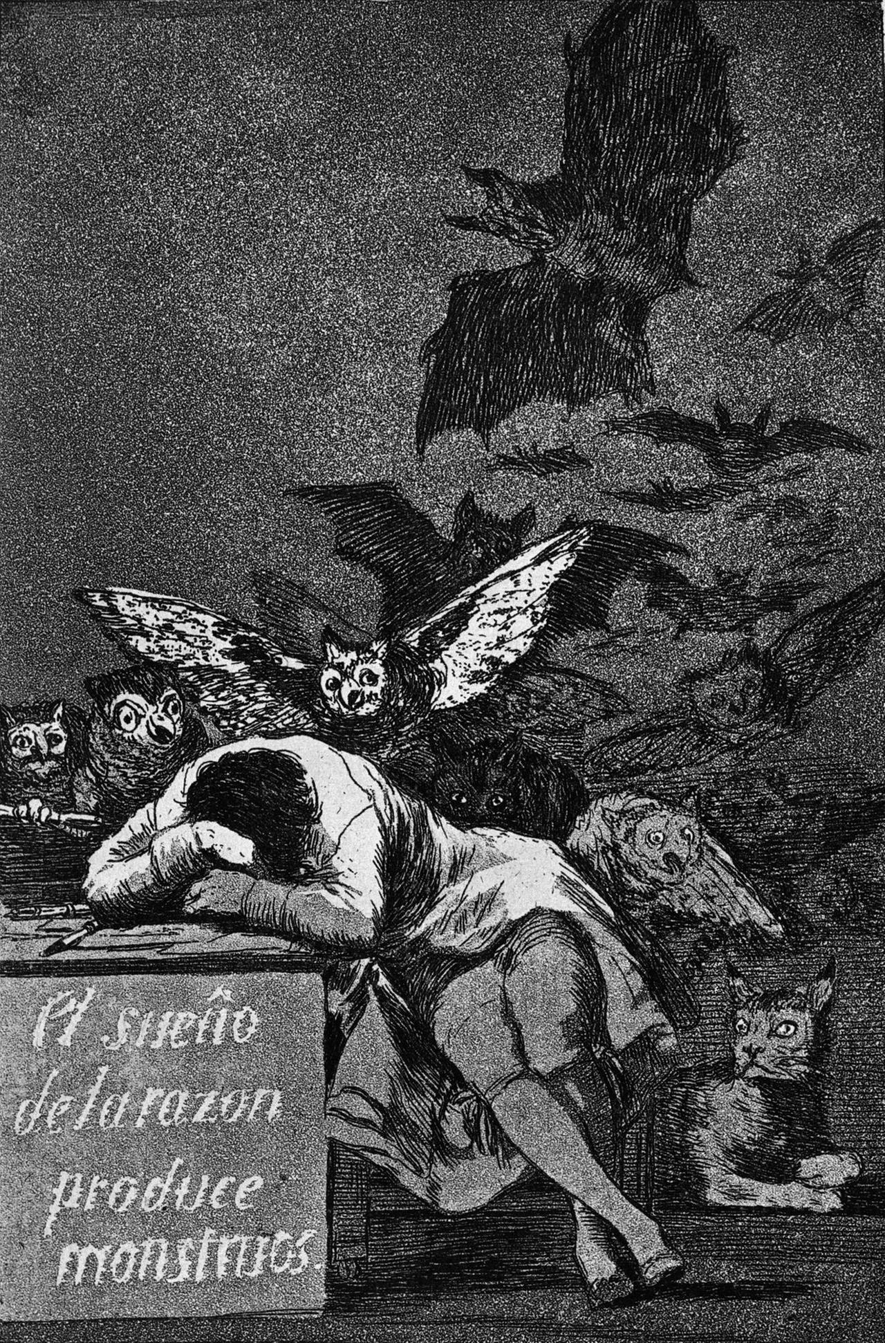 Kunstwerk von Francisco de Goya: Ein schlafender Mann hat einen Albtraum, der Ungeheuer gebiert. Kunstwerk von Francisco de Goya: Ein schlafender Mann hat einen Albtraum, der Ungeheuer gebiert.