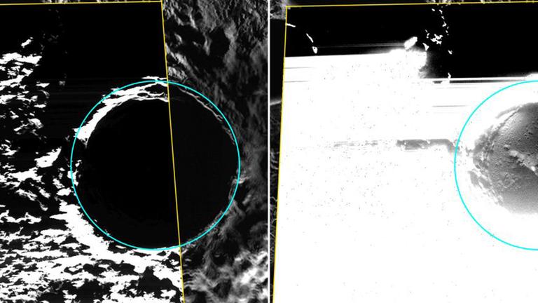 Die NASA-Sonde Messenger hat optische Bilder vom Eis im Dauerschatten der Merkurpole aufgenommen Die NASA-Sonde Messenger hat optische Bilder vom Eis im Dauerschatten der Merkurpole aufgenommen