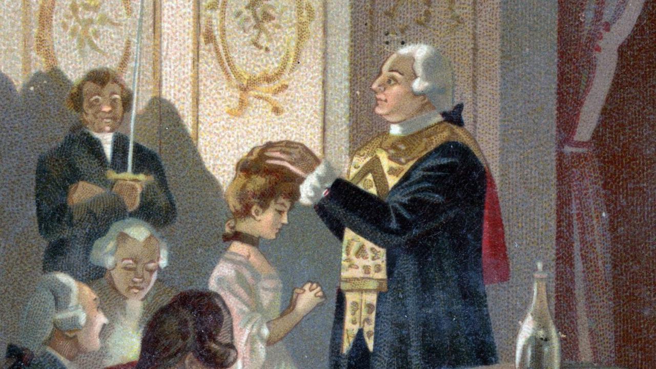Die Chromolithografie ais dem 19. Jahrhundert zeigt eine magische Zeremonie, abgehalten von Giuseppe Balsamo, auch bekannt als Graf Cagliostro (1743-1795) als Teil eines Freimaurer-Rituals. Die Chromolithografie ais dem 19. Jahrhundert zeigt eine magische Zeremonie, abgehalten von Giuseppe Balsamo, auch bekannt als Graf Cagliostro (1743-1795) als Teil eines Freimaurer-Rituals.