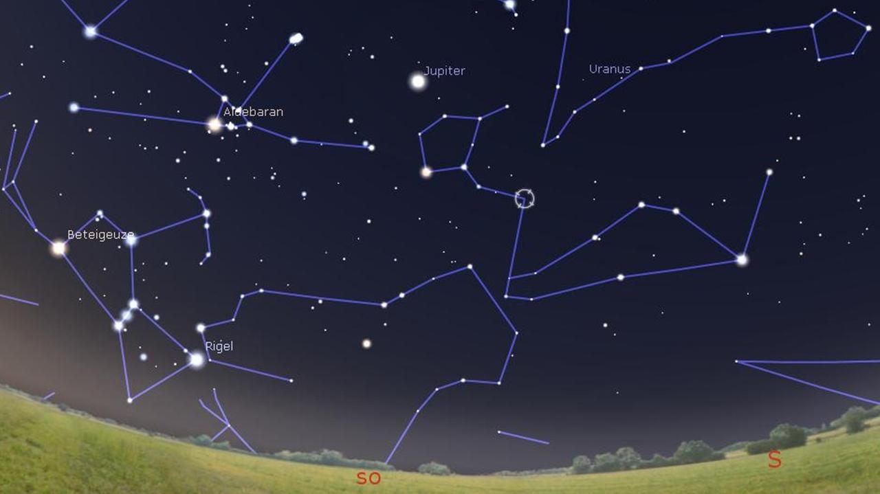 Am Morgen des 3. August 1596 standen Jupiter und Mira (mit Kreis markiert) in derselben Himmelsgegend Am Morgen des 3. August 1596 standen Jupiter und Mira (mit Kreis markiert) in derselben Himmelsgegend