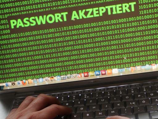 Ein Mensch vor einem Laptop, an dessen Monitor der Schriftzug "Passwort akzeptiert" zu lesen ist.