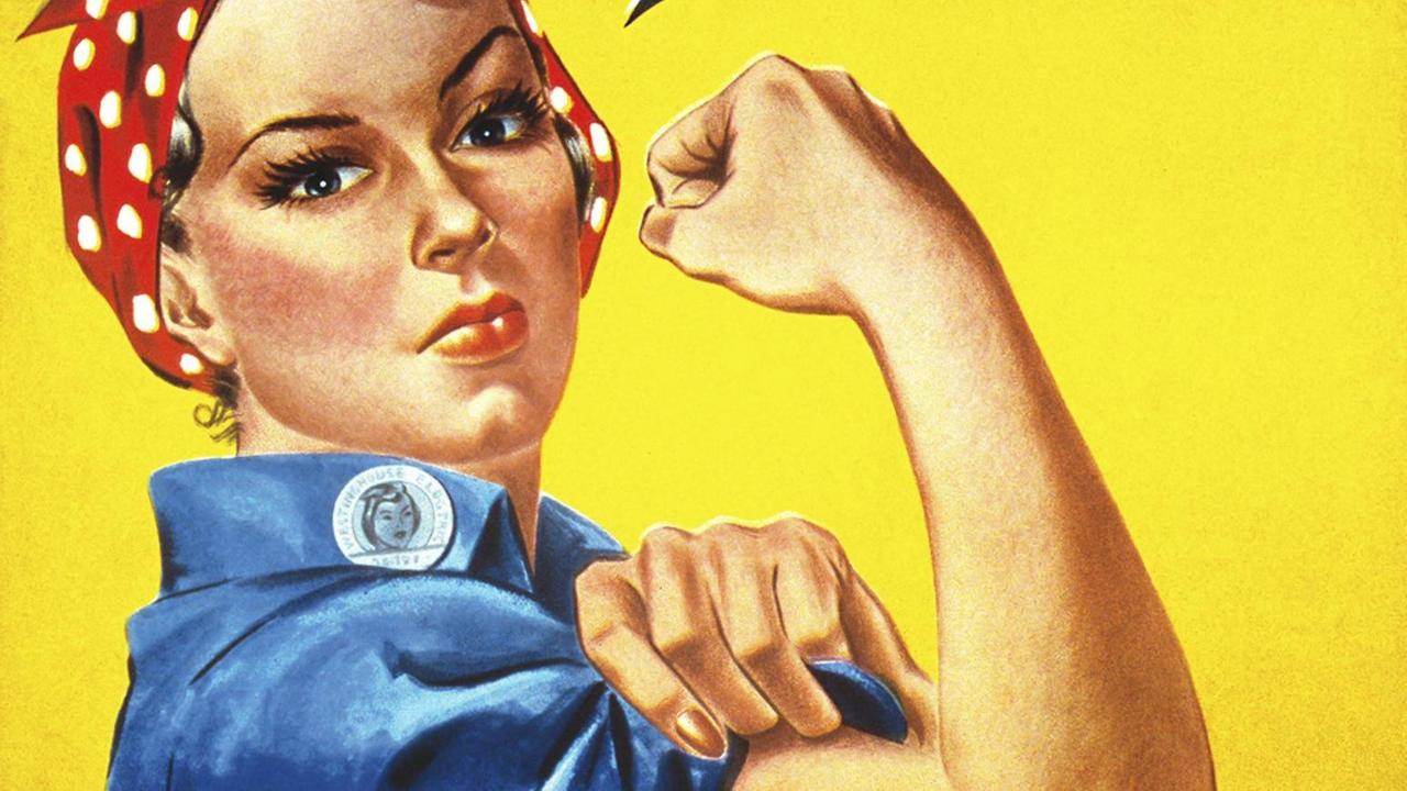 US-Kriegspropagandaplakat zeigt "Rosie The Riveter", die ihre Muskeln anspannt.
