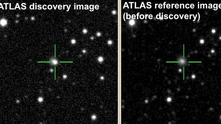 Heller Lichtpunkt am Rande einer Galaxien: Das Entdeckungsfoto der Supernova AT2018cow und derselbe Himmelsausschnitt einige Zeit zuvor Heller Lichtpunkt am Rande einer Galaxien: Das Entdeckungsfoto der Supernova AT2018cow und derselbe Himmelsausschnitt einige Zeit zuvor