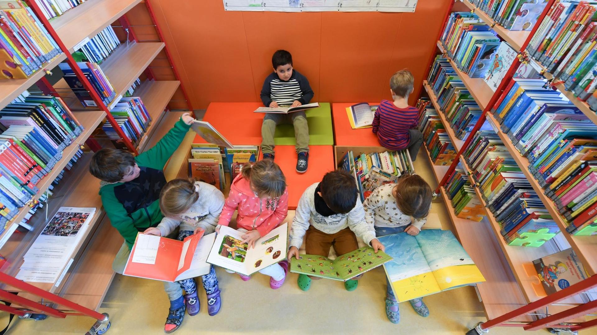 Pupils of class 1/2 a of the Marie Curie elementary school read at the new school library in Frankfurt, Germany, 5 December 2016. More than 100 school libraries provide reading material for children. Photo: Arne Dedert/dpa Pupils of class 1/2 a of the Marie Curie elementary school read at the new school library in Frankfurt, Germany, 5 December 2016. More than 100 school libraries provide reading material for children. Photo: Arne Dedert/dpa