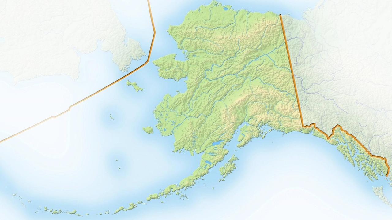 Alaska auf einer schattierten Reliefkarte. Das Gebiet wurde von Russland an die , USA verkauft.