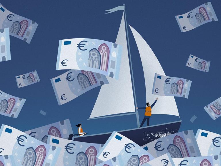 Grafik: Ein Paar segelt auf stürmischem Euro-Notenmeer.