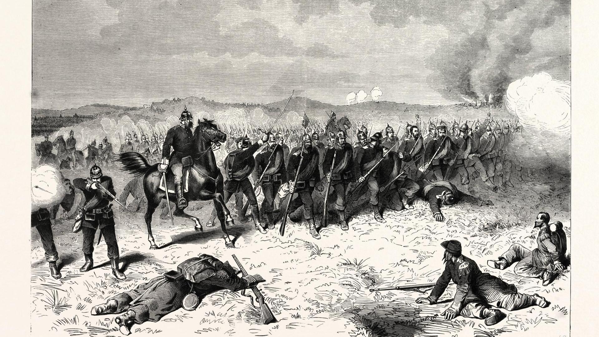 Preußische Truppen bei der Schlacht von Sedan am 1. September 1870 (Illustration): Gefallene und verwundete französische Soldaten vor der heranrückenden preußischen Garde Preußische Truppen bei der Schlacht von Sedan am 1. September 1870 (Illustration): Gefallene und verwundete französische Soldaten vor der heranrückenden preußischen Garde