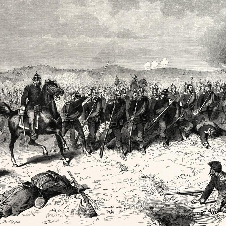 Preußische Truppen bei der Schlacht von Sedan am 1. September 1870 (Illustration): Gefallene und verwundete französische Soldaten vor der heranrückenden preußischen Garde