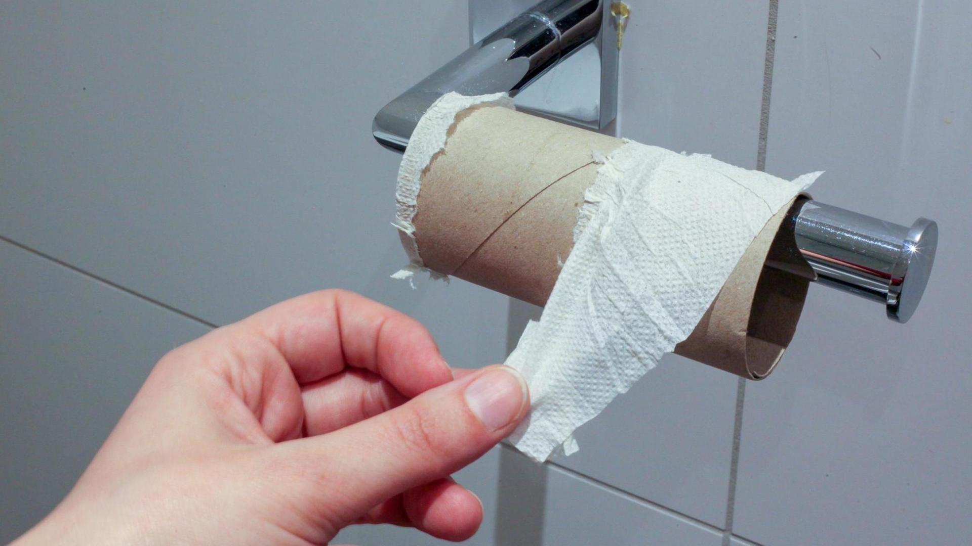 Eine Hand greift nach einer leeren Rolle Klopapier Eine Hand greift nach einer leeren Rolle Klopapier