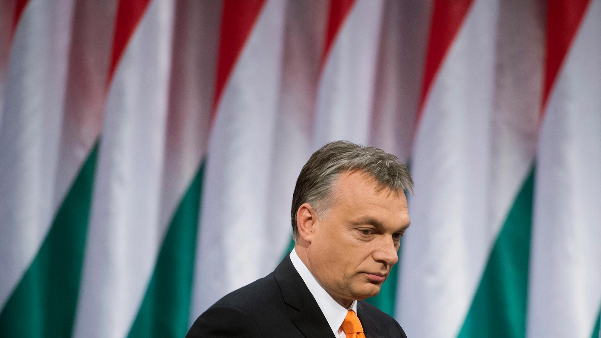 Präsident Viktor Orban steht vor ungarischen Landesflaggen Präsident Viktor Orban steht vor ungarischen Landesflaggen