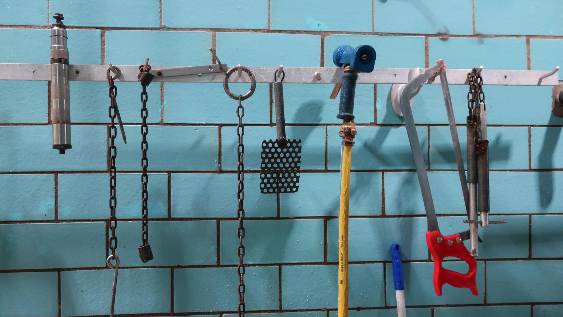 Blaue gekachelte Wand mit Gerätschaften zum schlachten die davor aufgehangen sind. Blaue gekachelte Wand mit Gerätschaften zum schlachten die davor aufgehangen sind.
