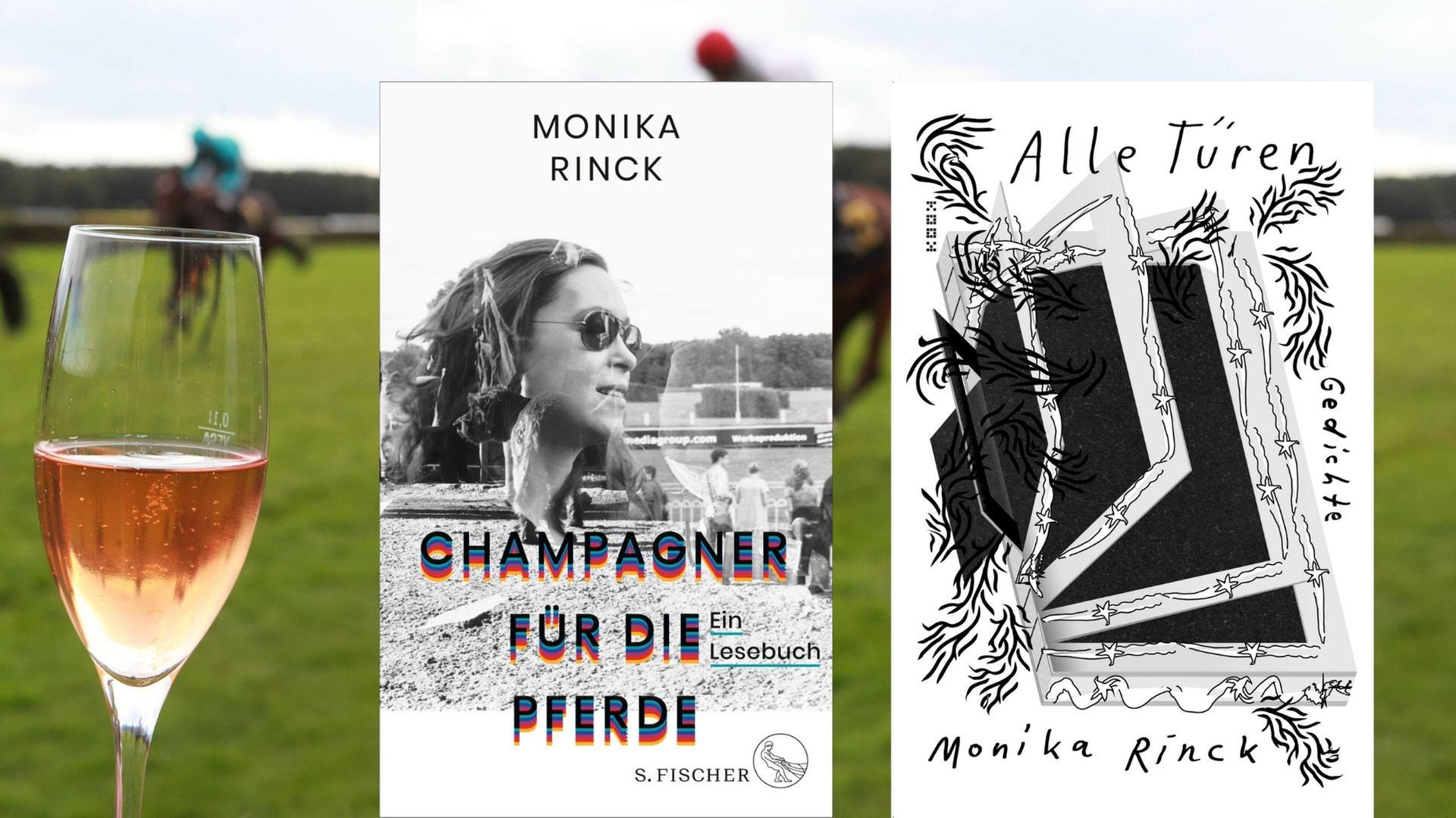 Buchcover links: Monika Rinck: „Champagner für die Pferde", Buchcover rechts: Monika Rinck: „Alle Türen. Gedichte“ Buchcover links: Monika Rinck: „Champagner für die Pferde", Buchcover rechts: Monika Rinck: „Alle Türen. Gedichte“