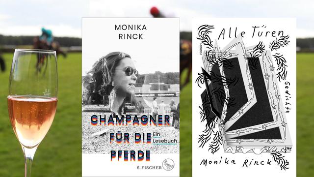 Buchcover links: Monika Rinck: „Champagner für die Pferde", Buchcover rechts: Monika Rinck: „Alle Türen. Gedichte“